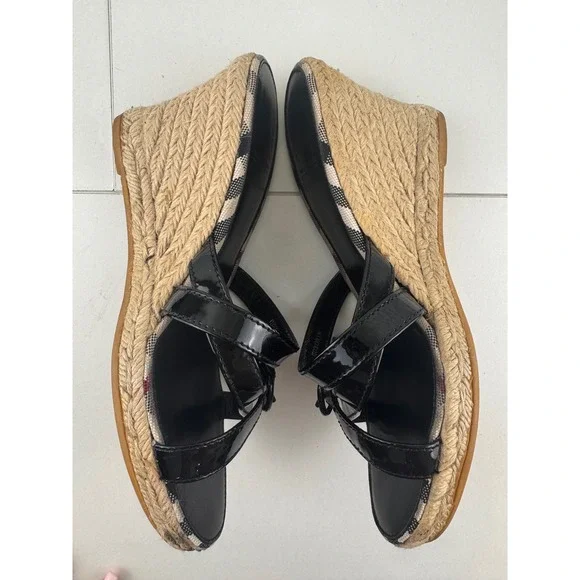 Burberry Haymarket Check Espadrille Wedge Sandals Black Patent Leather 38 7.5 8 - Picture 7 of 9